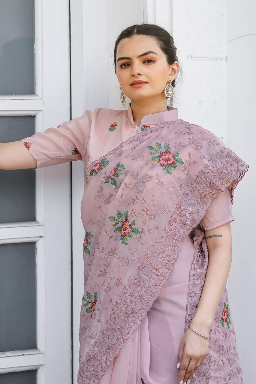 Women's Elegant Sage Green Georgette Saree with Delicate Floral Embroidery & Sequin Work – Perfect for Summer Festivities & Day Events - Image 10