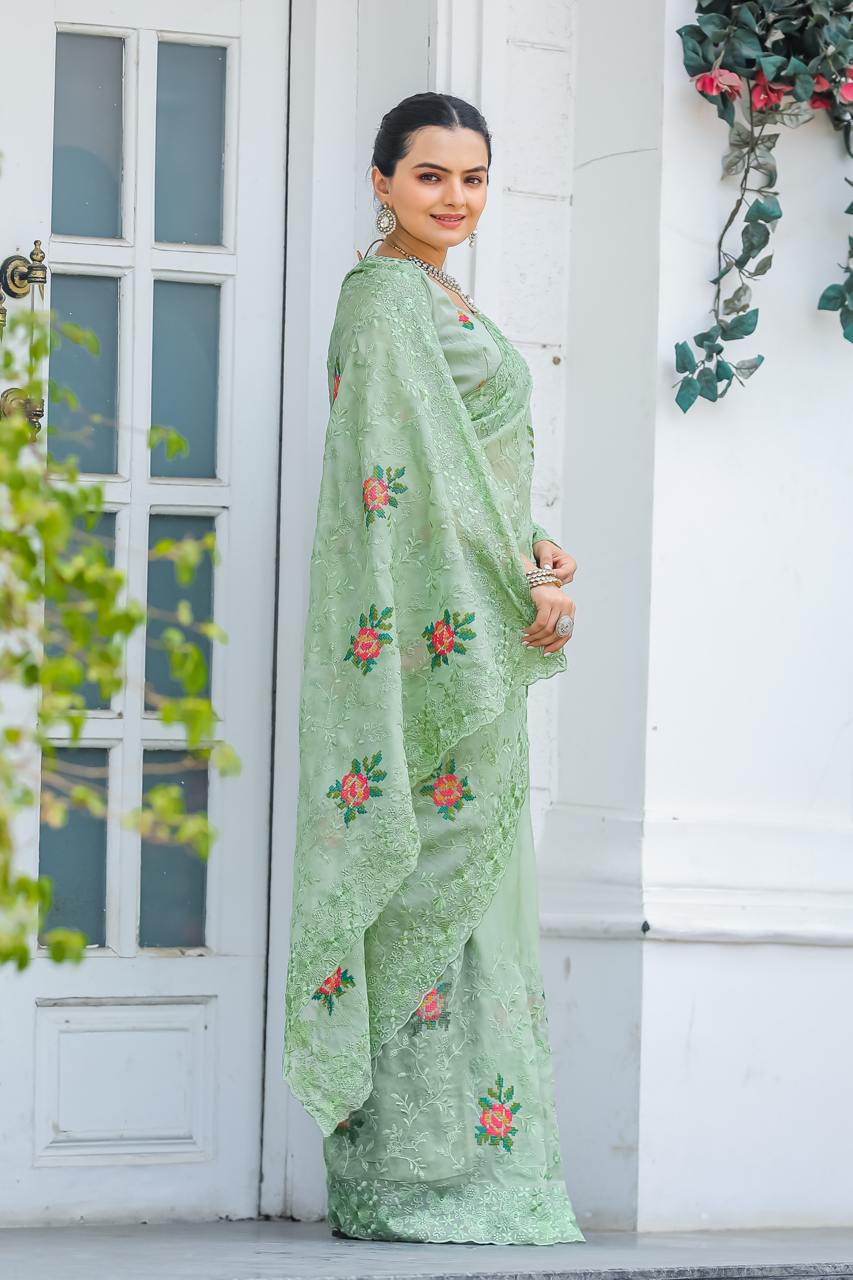 Women's Elegant Sage Green Georgette Saree with Delicate Floral Embroidery & Sequin Work – Perfect for Summer Festivities & Day Events - Image 6