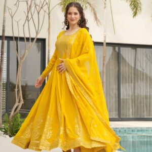 Women's Cotton Embroidered Anarkali Gown With Dupatta Set