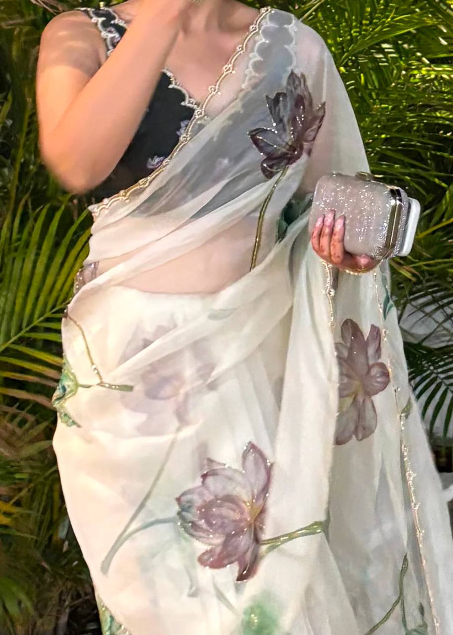 Women's Exquisite Lavender & White Organza Saree with Hand-Painted Lotus Floral Motifs & Gold Embellished Border – Complete with Matching Printed Blouse for Festive & Special Occasions - Image 10