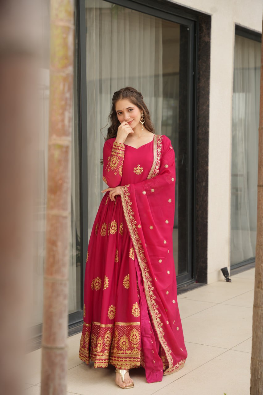 Women's Cotton Embroidered Anarkali Gown With Dupatta Set - Image 12