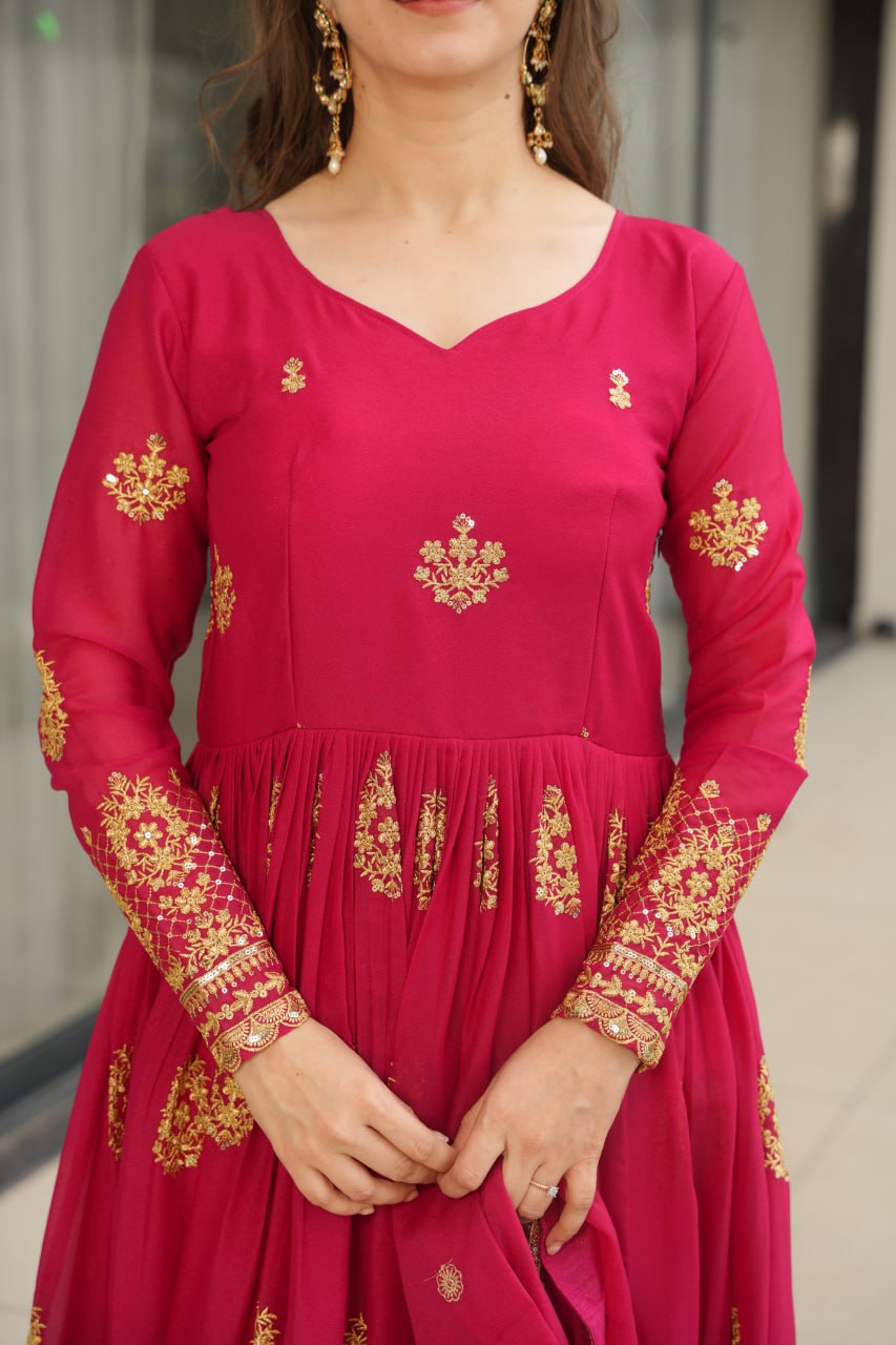 Women's Cotton Embroidered Anarkali Gown With Dupatta Set - Image 16