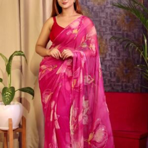 Women's Vibrant Rani Pink Floral Japanese Chiffon Saree with Hand-Painted/Printed Motifs – Perfect for Summer & Casual Festive Wear