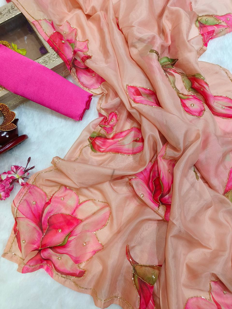 Women's Vibrant Rani Pink Floral Japanese Chiffon Saree with Hand-Painted/Printed Motifs – Perfect for Summer & Casual Festive Wear - Image 6