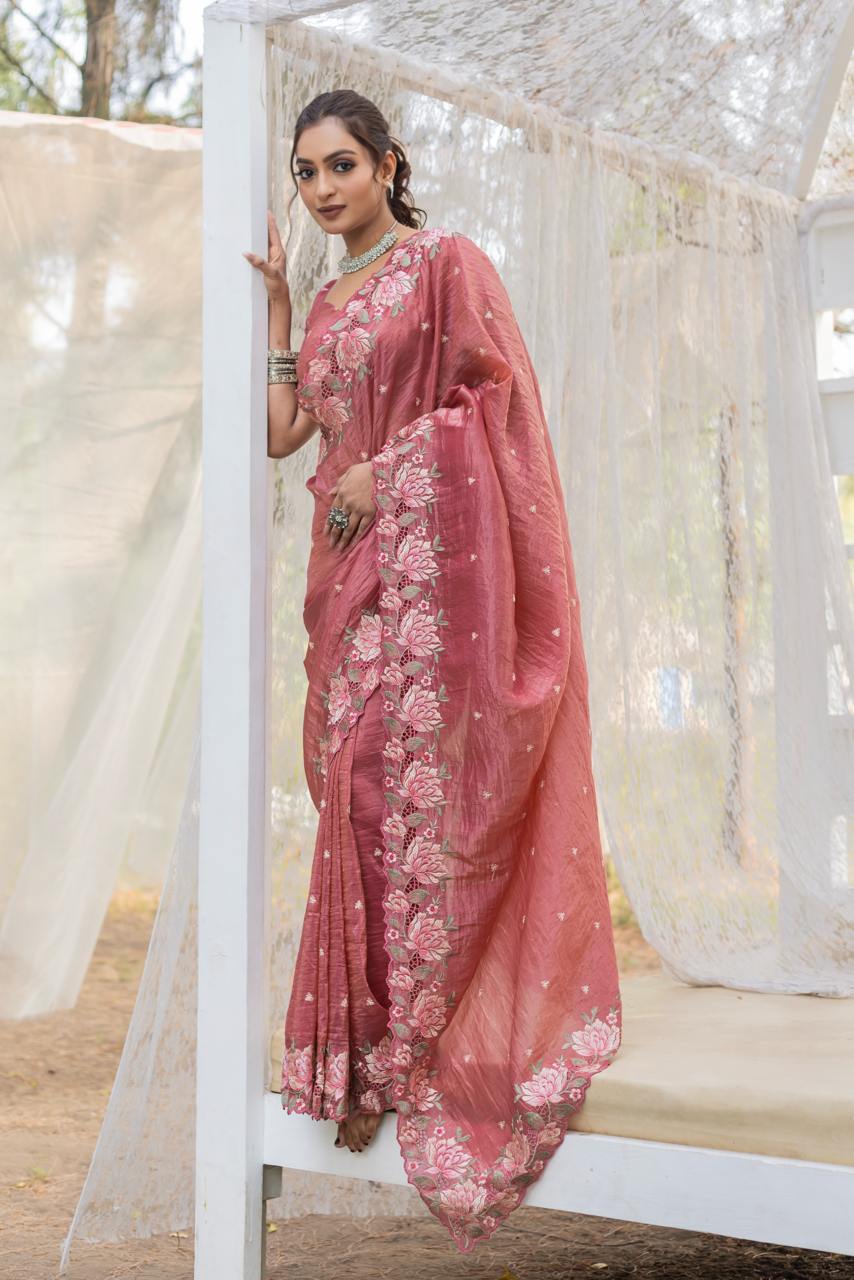 Women's Pristine White Organza Saree with Exquisite Pink & Green Floral Thread Embroidery – Complete with Matching Embroidered Blouse for Festive & Summer Wear - Image 11
