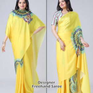 Women's Vibrant Lemon Yellow Satin Silk Kaftan Saree with Multi-Color Digital Print Yoke & Border Design