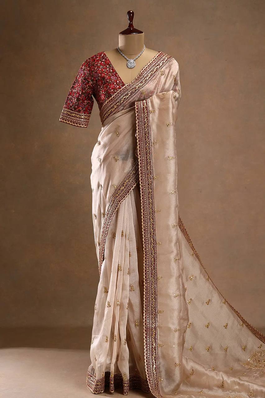 Women's Exquisite Ivory Tissue Organza Saree with Gold Sequin & Zari Embroidery – Paired with Heavy Maroon Readymade Blouse for Wedding & Festive Wear - Image 5